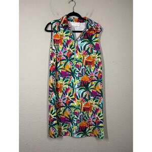 Pappagallo Medium Palm Tropical Quarter Zip Dress Green Multi Collared Mini